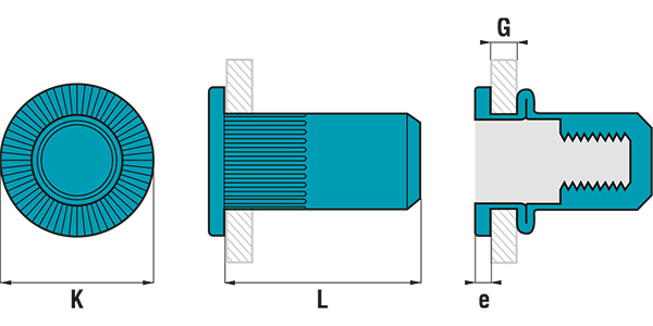 Ecrou à sertir Tête plate TP Borgne M6X22 ALPB 40 Aluminium